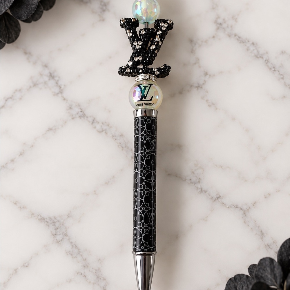 Luxury designer inspired Black Crystal Logo Decorative Pen with Iridescent Bead